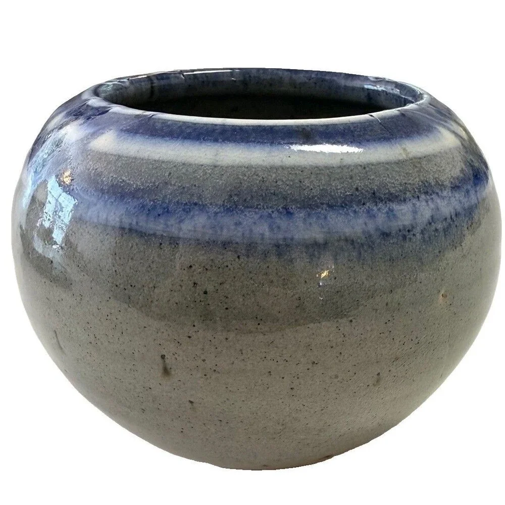 Joel Knanishu Raku Small Pottery Vase with Porcelain and Blue Speckled Glaze